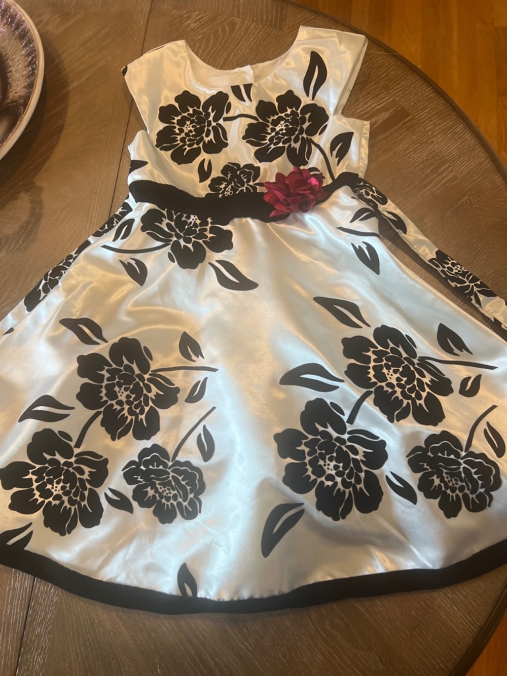 Girls Black & White Floral Satin Dress with Pink Accent